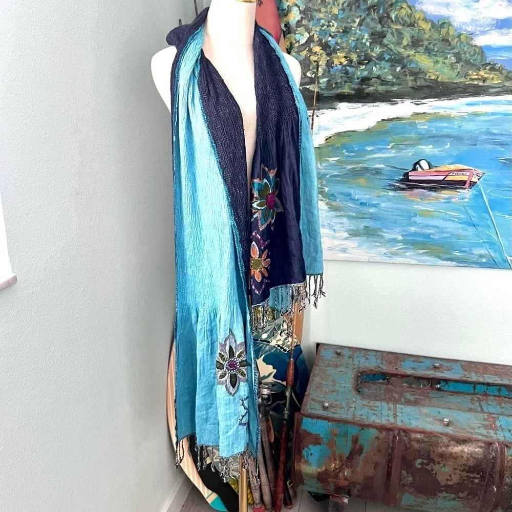 Gorgeous Embroidered Soft Rayon Scarf, Incredible Colors, Stretch, EUC, OS